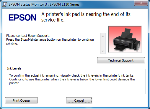 EPSON L110 A printers s ink pad is nearing the end - Mengatasi lampu indikator tinta nyala Printer Epson L110, L120, L210, L220, L300, L350, L360